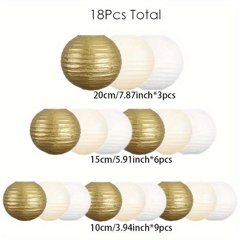 Image of Set Of 18 White And Golden Paper Lanterns For Wedding Decoration, Featuring Hanging Japanese-style . Ideal For Indoor And Outdoor Use, Are Reusable And Easy To Put – A Great Gift For New Year
