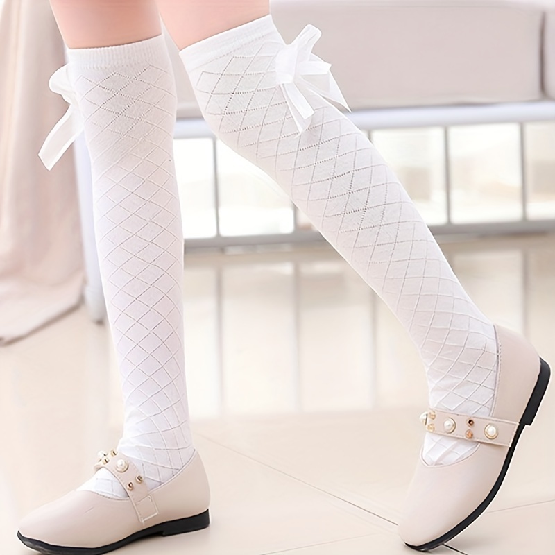 A Pair Of Thin Long Socks For Girls, Suitable For Spring, Autumn, And Summer, Made Of With A Bow And Lace Design