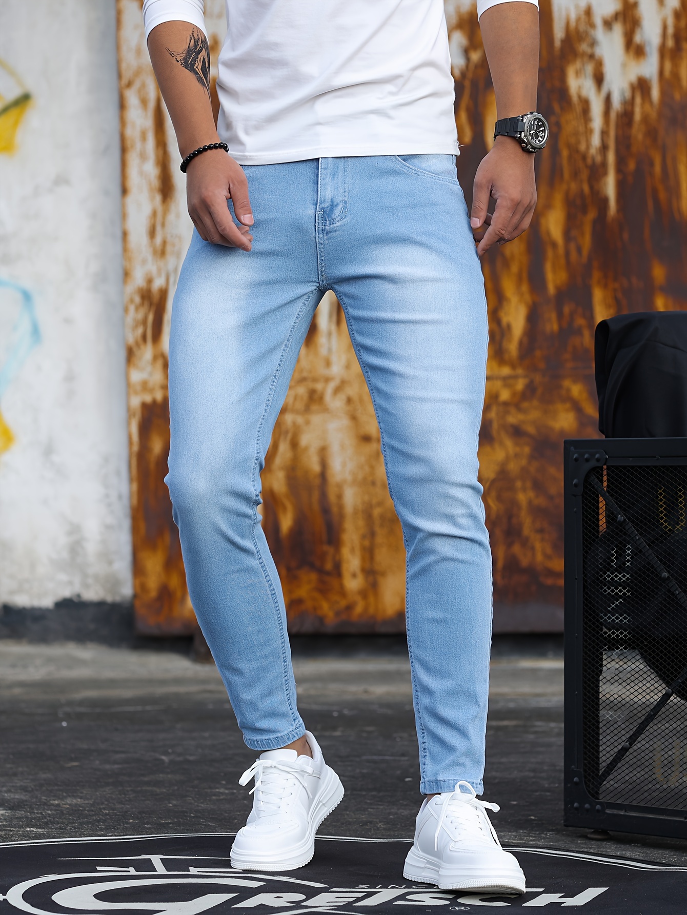mens stretch skinny jeans light blue washed street style Temu
