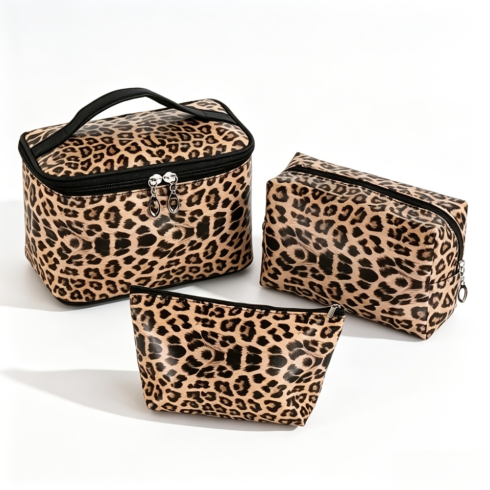 TEMU 3pcs Leopard Print Makeup Bag Set, Pu Travel Cosmetic Pouch, Portable Zippered Toiletry Bag With Handle, Suitable For Women