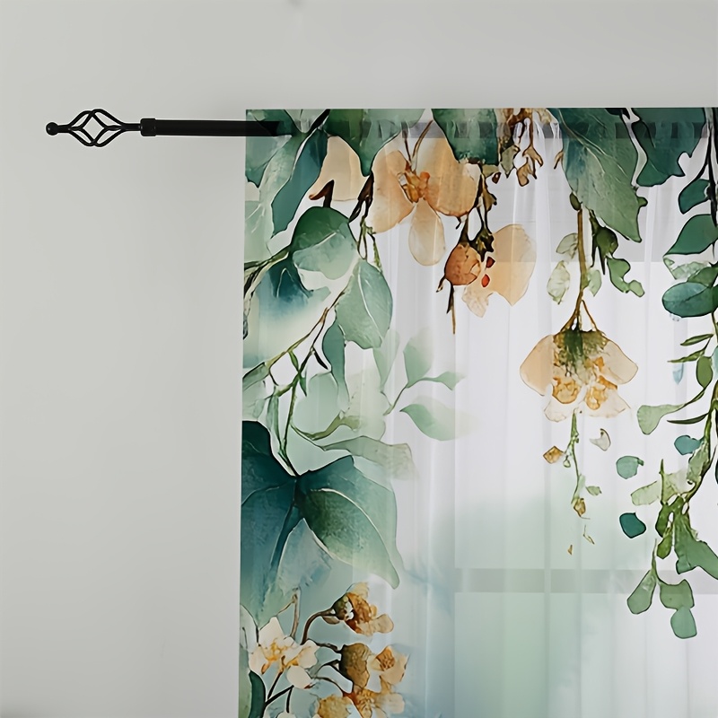 TEMU 2pcs Floral Chiffon Sheer Curtains - Semi-transparent Opaque With Vibrant Flowers & Hummingbird Design, Rod Pocket For Living Room & Bedroom
