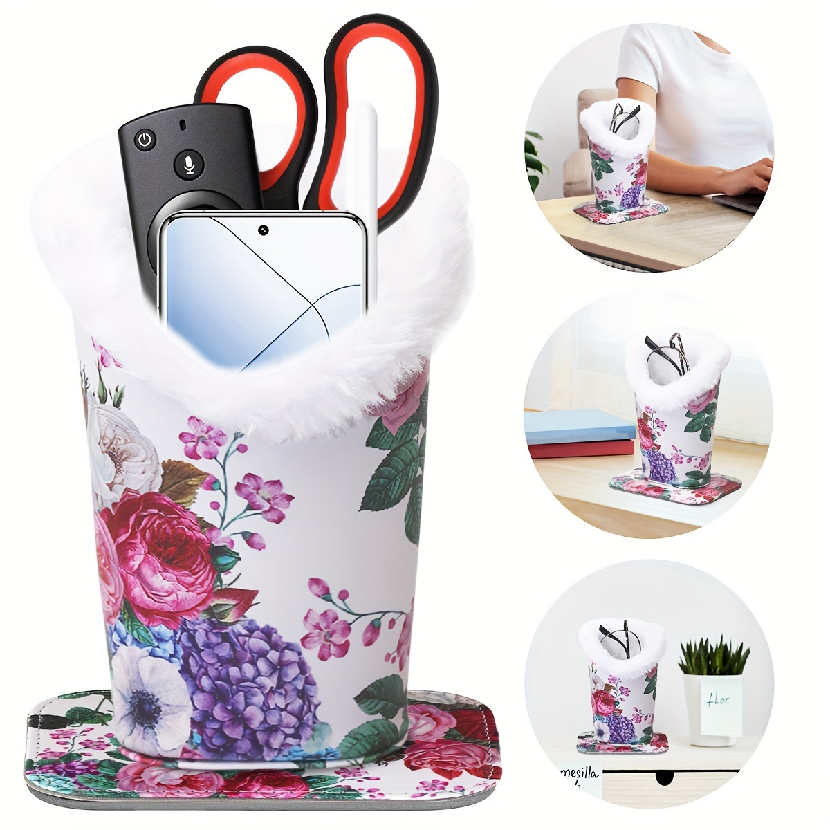 1pc Stylish Floral Plush Magnetic Eyeglass Holder With Detachable Base - Pu Leather, Perfect For Bedroom, Desk & School Use, Holds Glasses, Smartphones, Pens & More