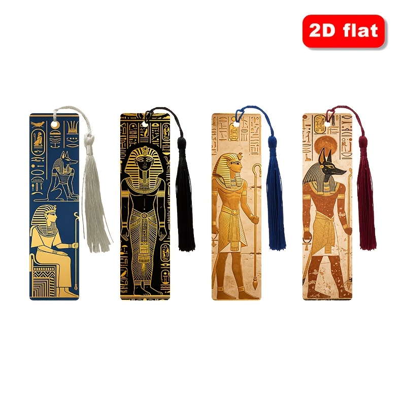 TEMU 4pcs Set Of Pu Leather Bookmarks With Ancient Egyptian Hieroglyphic Style Flat Print, Matching Exquisite Tassels, Durable And Lightweight,