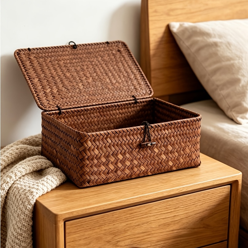 Hand-Woven Storage Basket with Lid & Wooden Clasps - Rustic Suitable for,, Crafts, Decor - Lightweight Portable Basket Suitable for Small Items, Gift for And, Shelf Baskets