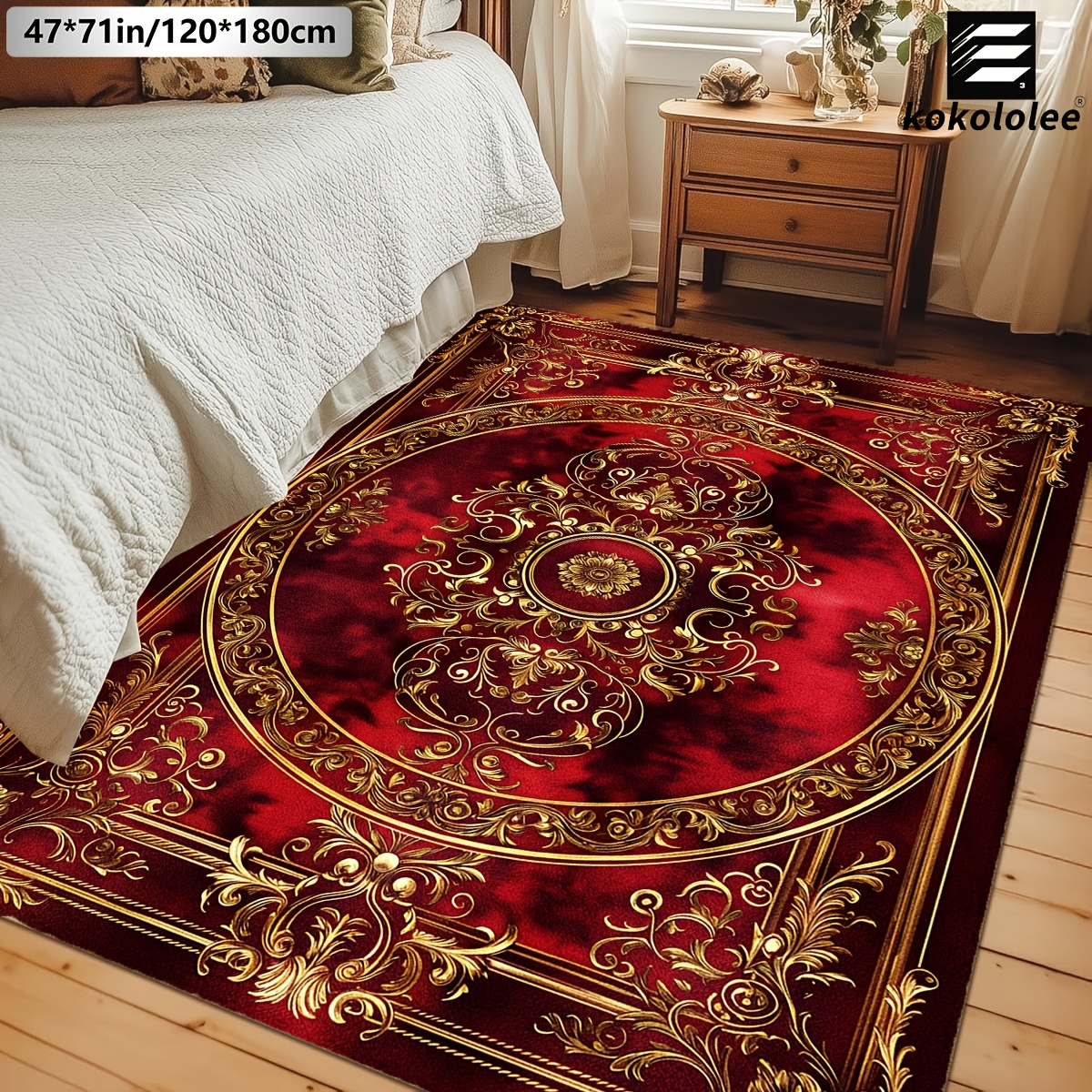 TEMU 1pc Kokololee Luxury Velvet Area Carpet | Bohemian Pattern, Non-slip Backing, Machine Washable, 100% Polyester Fiber, Suitable For Areas Rooms,