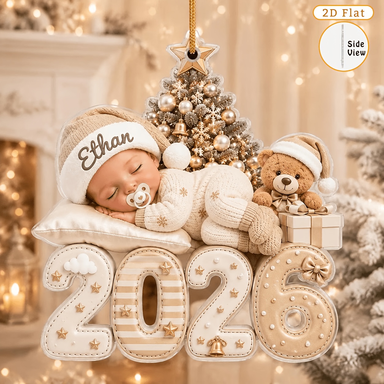 TEMU Adorno 2D personalizado para primera Navidad - //, bohemio, para niños y niñas, placa colgante con primer año para árbol, boda, regalo, 2D