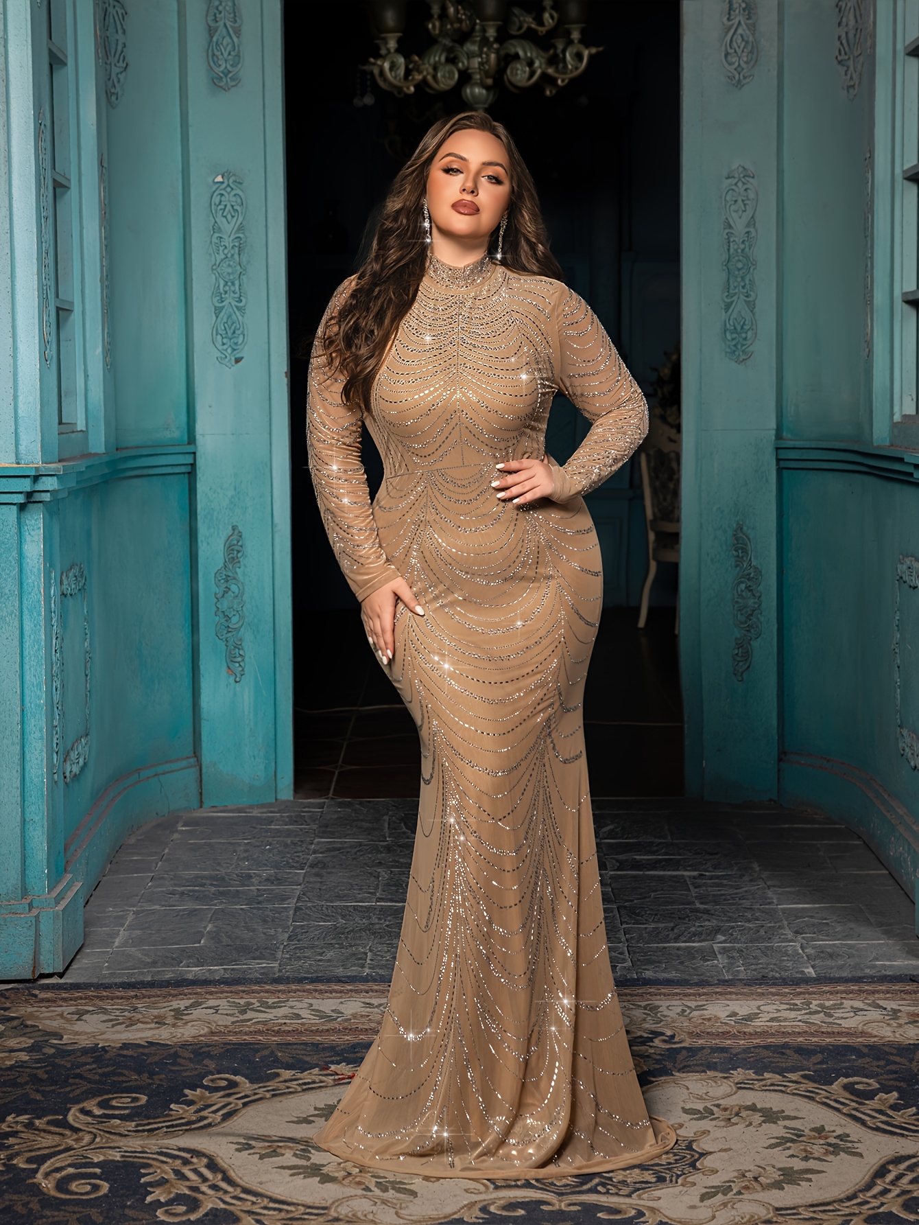 Ball Gown Plus Size Long Glitter Mermaid Dress For Mother Of The Bride - Long  Sleeve V-Neck Sequin Formal Gown Long Sleeve Sequin Dress For Women
