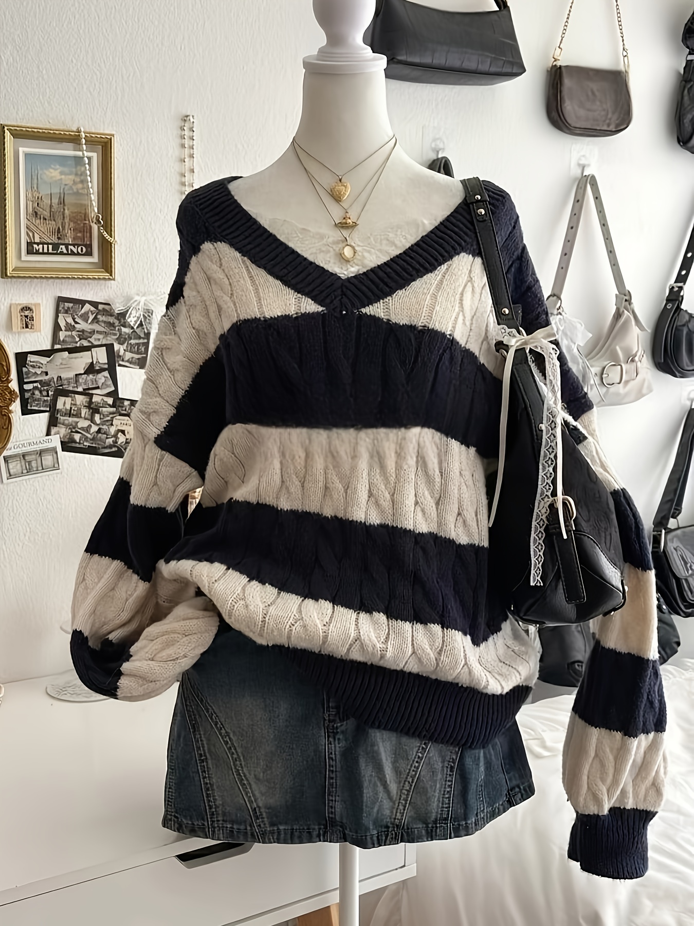 elegant special e8022 fashionable loose v neck striped long sleeve pullover sweater casual long sleeve top stylish and comfortable womens sweater simple and elegant pullover versatile and elegant top suitable for daily  