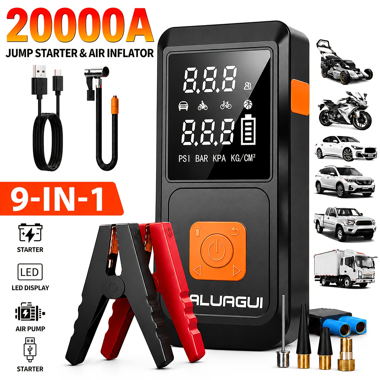 TEMU 16000/18000a/20000a 17-in-1 Portable Jump Starter With Air Compressor, Car Jump Starter, Multi-functional Power Pack With Tire Inflator, Led