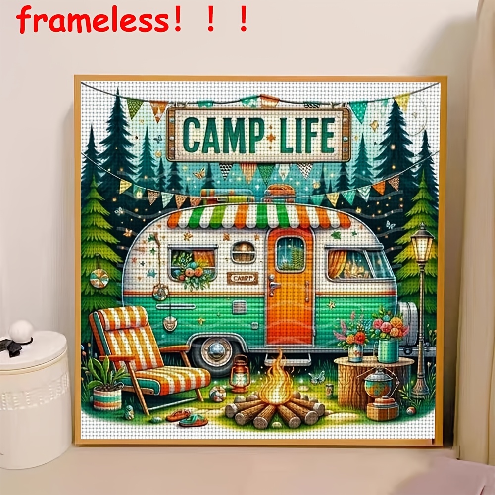 TEMU A Cross Stitch Kit Featuring A Scene With A Fire And , Perfect For Home Decor. This Handmade Embroidery Set Includes Patterned Fabrics, Threads,