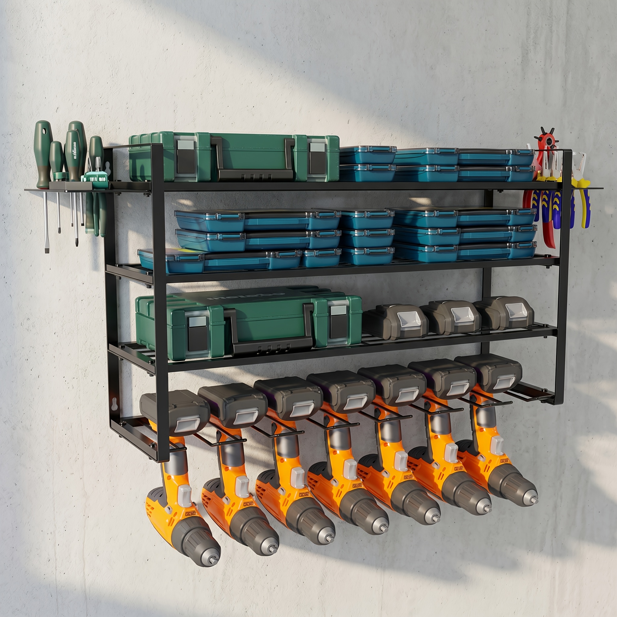 Power Tools Storage Rack, Wall Mount-150 Lb. (68 Kg) Load Bearing 3-story Storage Rack With 7 Bit Holders For Drilling Cordless Tools. Heavy-duty Iron Garage Tool Storage Workshop Shed Nail Board Basement, Storage Racks
