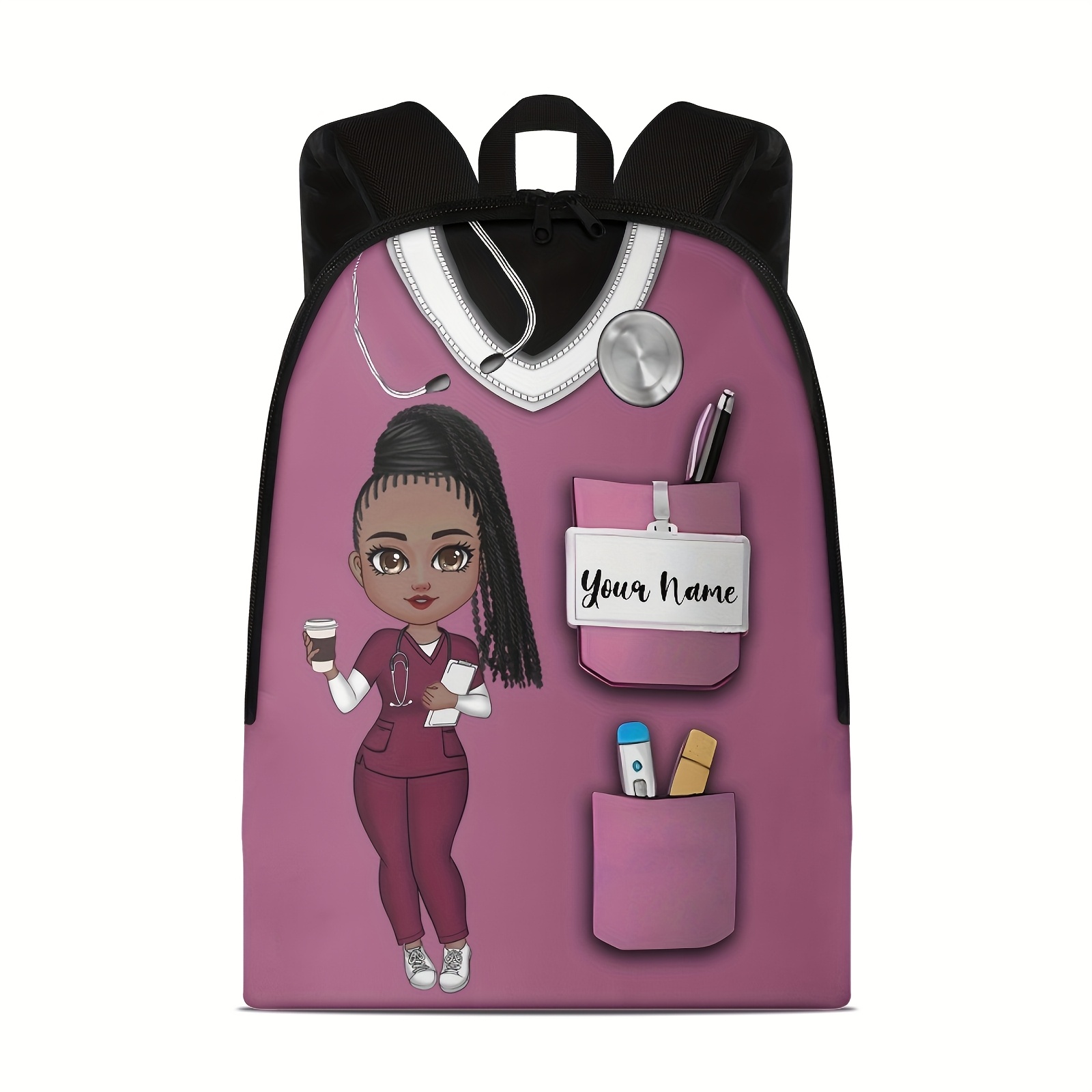 TEMU A Large Capacity Polyester Backpack Themed For Use, Customizable With A Name, Featuring A Purple Cartoon Nurse And Stethoscope Print. This