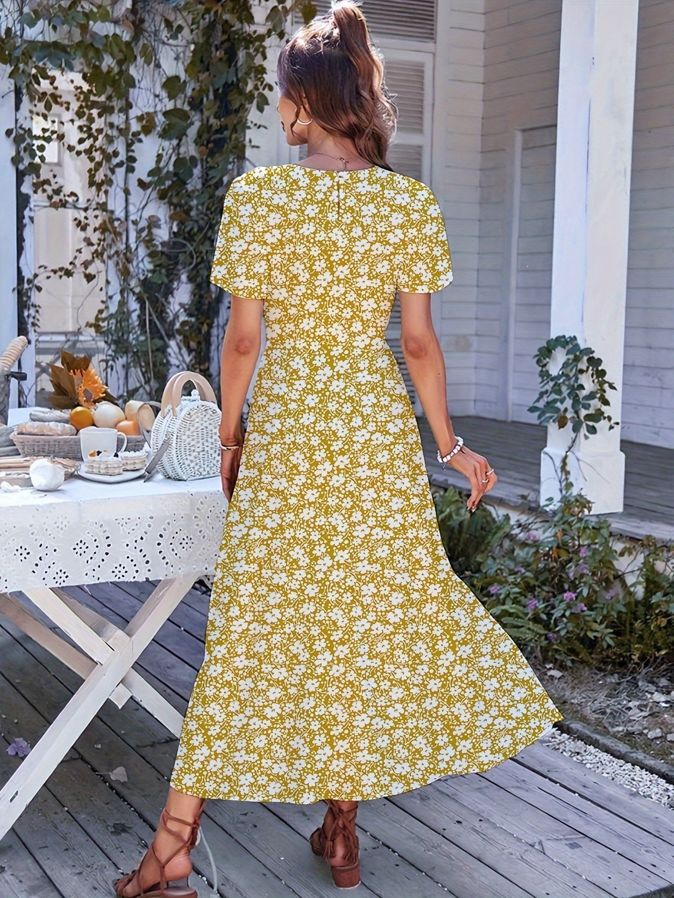 new elegant loose slit long dress floral printed dresses - Temu Greece