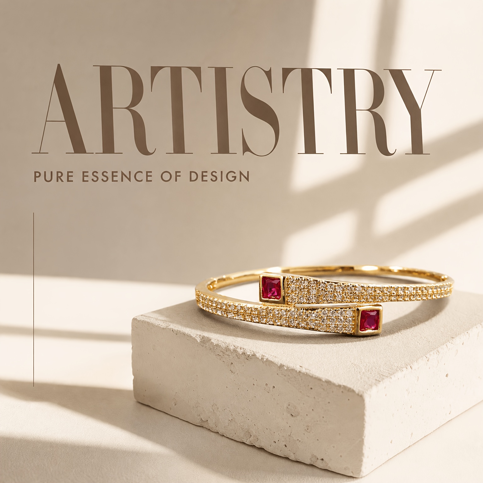 TEMU Women's Golden Open Bangle Bracelet With Square Ruby Ends, Full Synthetic Zirconia Setting, Staggered Design, Light Luxury Vintage Party Jewelry
