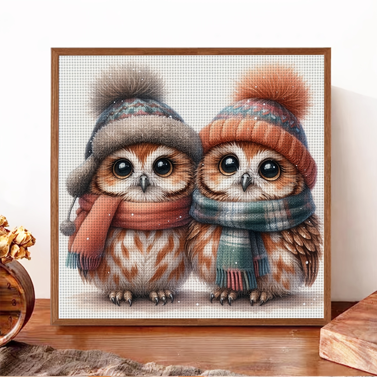 Complete Cross Stitch & Embroidery Kit, Cute Two Owls with Scarves