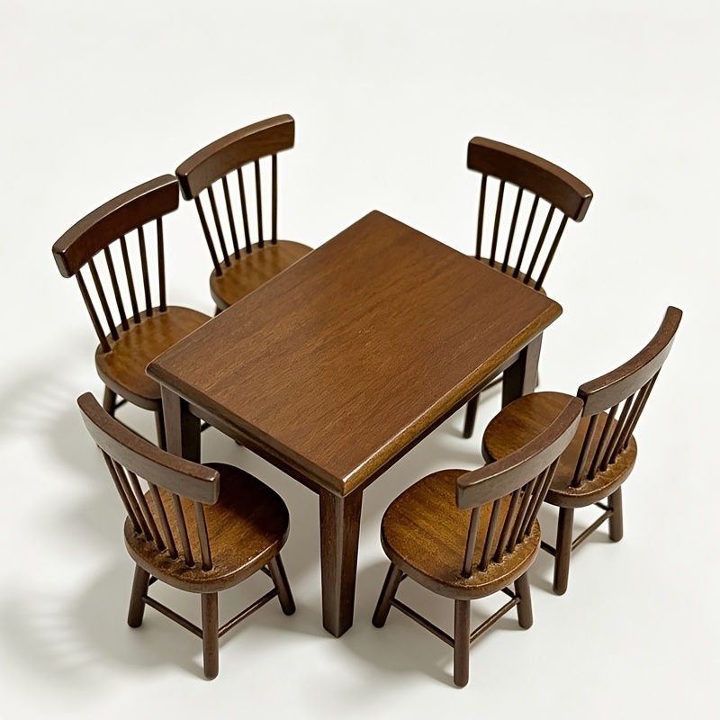 TEMU 3/7pcs 1:12 Miniature Dark Brown Wooden Table And Chair Set, Mini Retro Furniture Model, Dollhouse Additions, Display Gift, Suitable For
