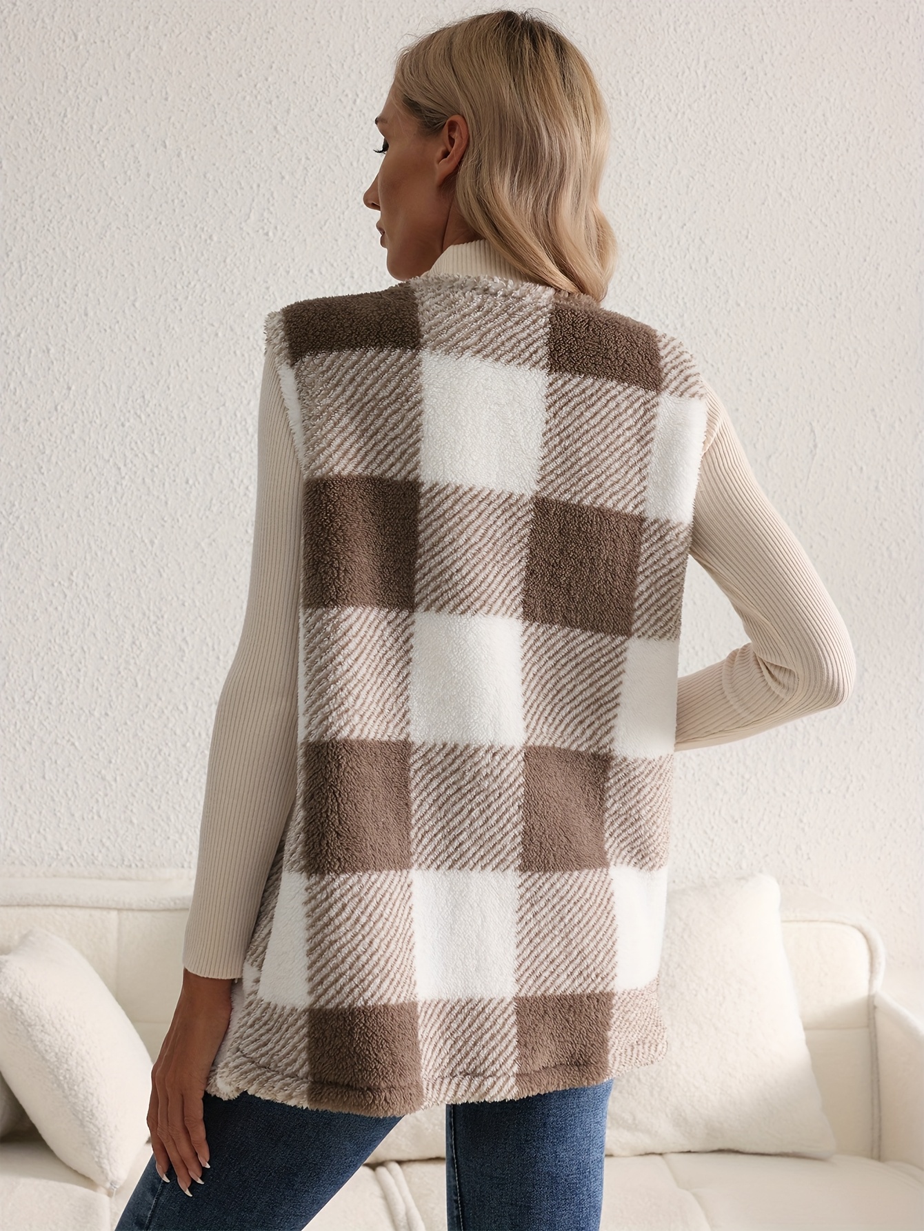 womens casual plaid vest with pockets long sleeve button   loose   white check pattern fall   cozy outerwear for adults casual wear vest relaxed fit vest   design ladies vest 2