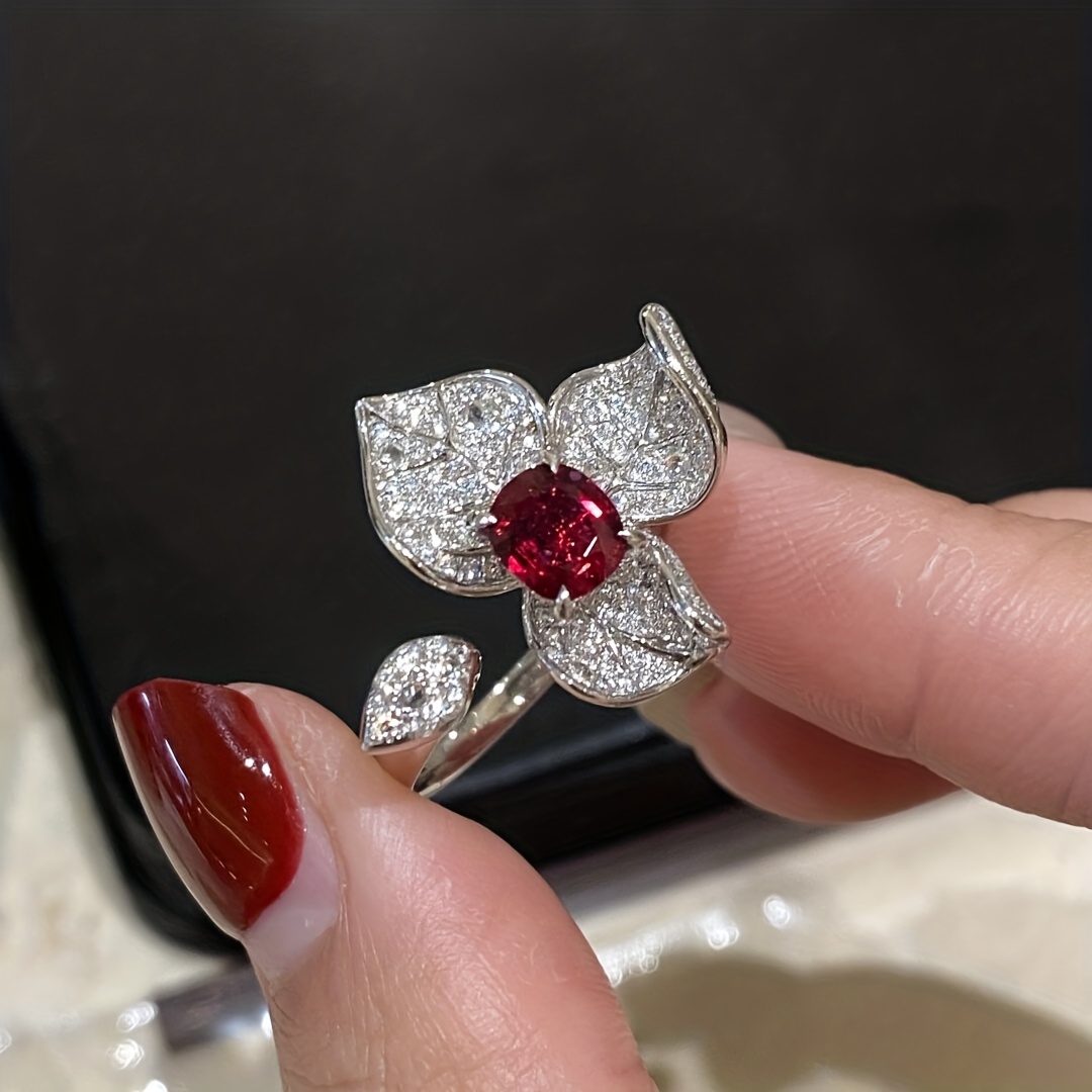 TEMU 1pc; Copper; Size: Adjustable Opening; Fashionable, Light Luxury, Elegant, Micro-inlaid Cubic Zirconia Silvery Flower , Niche Design, Versatile,