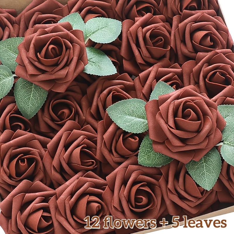 TEMU Ensemble de 17 pièces de fleurs et de feuilles artificielles marron vintage, comprenant 12 fleurs en mousse et 5 feuilles , roses artificielles