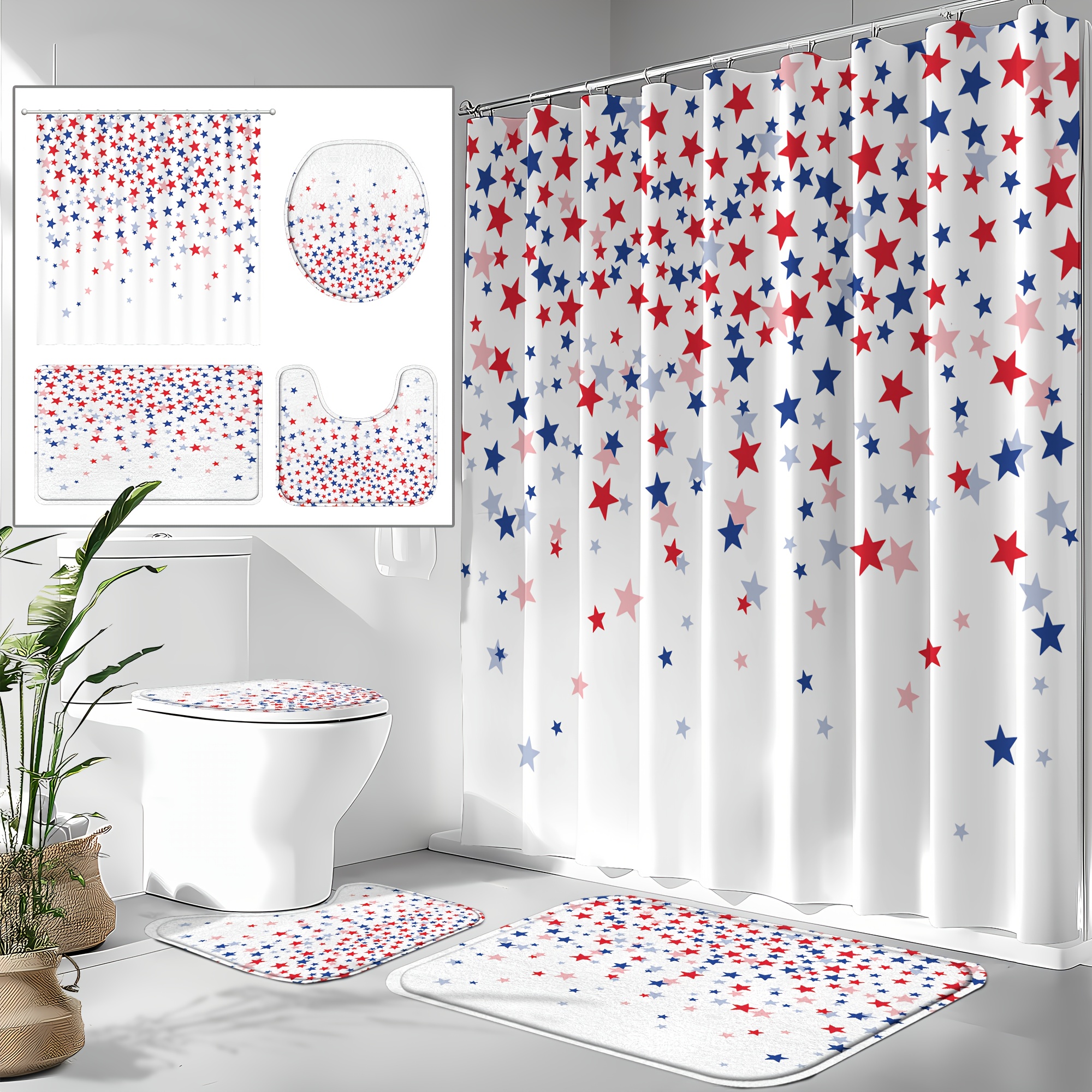 TEMU 4pcs Shower Curtain Set, Happy Bathroom Curtain With Stars, Patriotic American , Waterproof With 12 Hooks, Non-slip Bathroom Rug, U-shaped Mat, Toilet Lid Cover Pad, Memorial Day & July 4th Decor