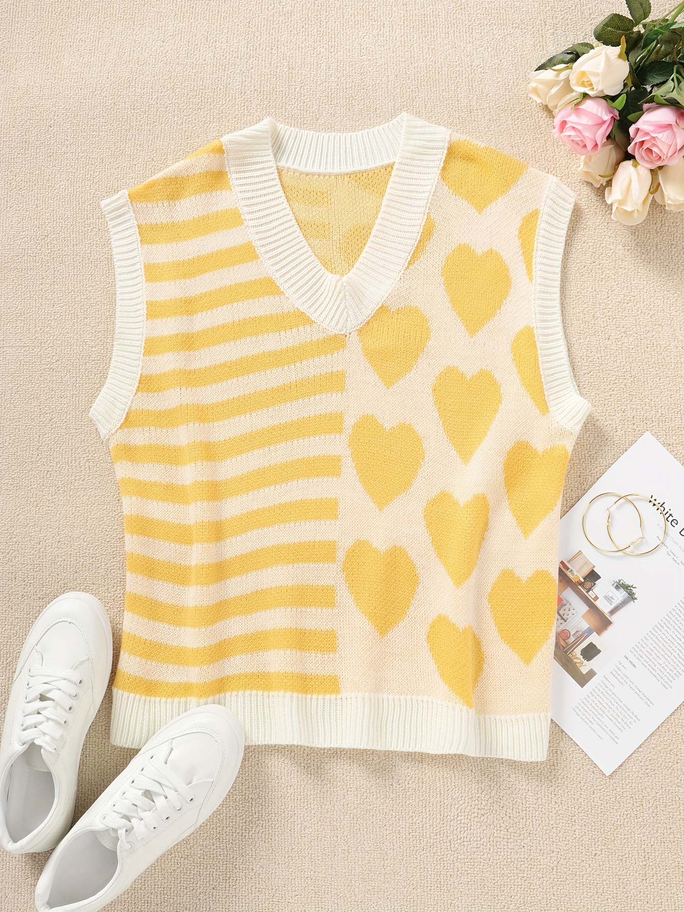 Heart &amp; Stripe Pattern V Neck Vest, Casual Contrast Trim Knit Top, Women's Clothing