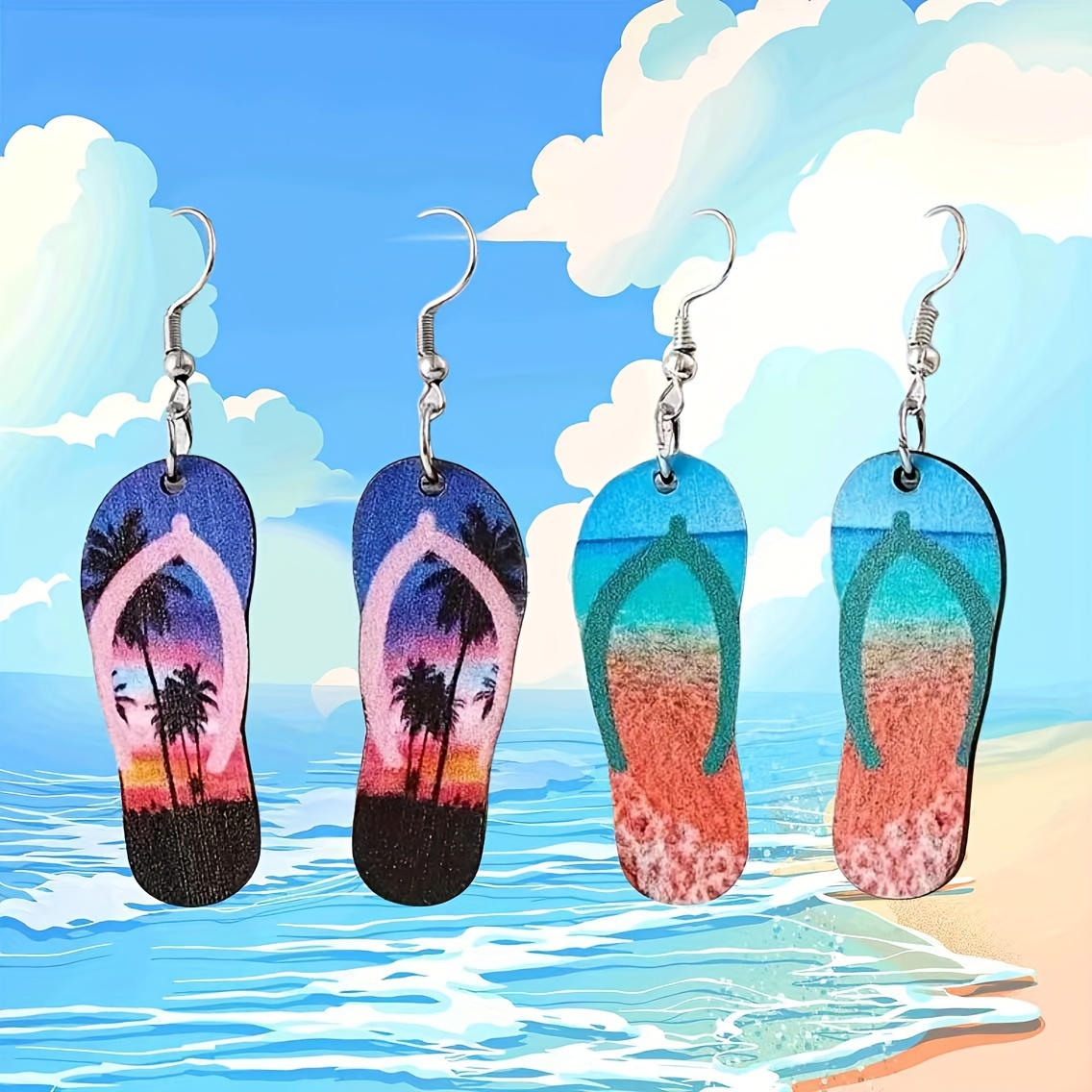 

2 Pairs Colorful Slippers Design With Coconut Tree Beach Sunset Scenery Teardrop Dangle Earrings Ocean Vacation Style Summer Beach Holiday Earrings