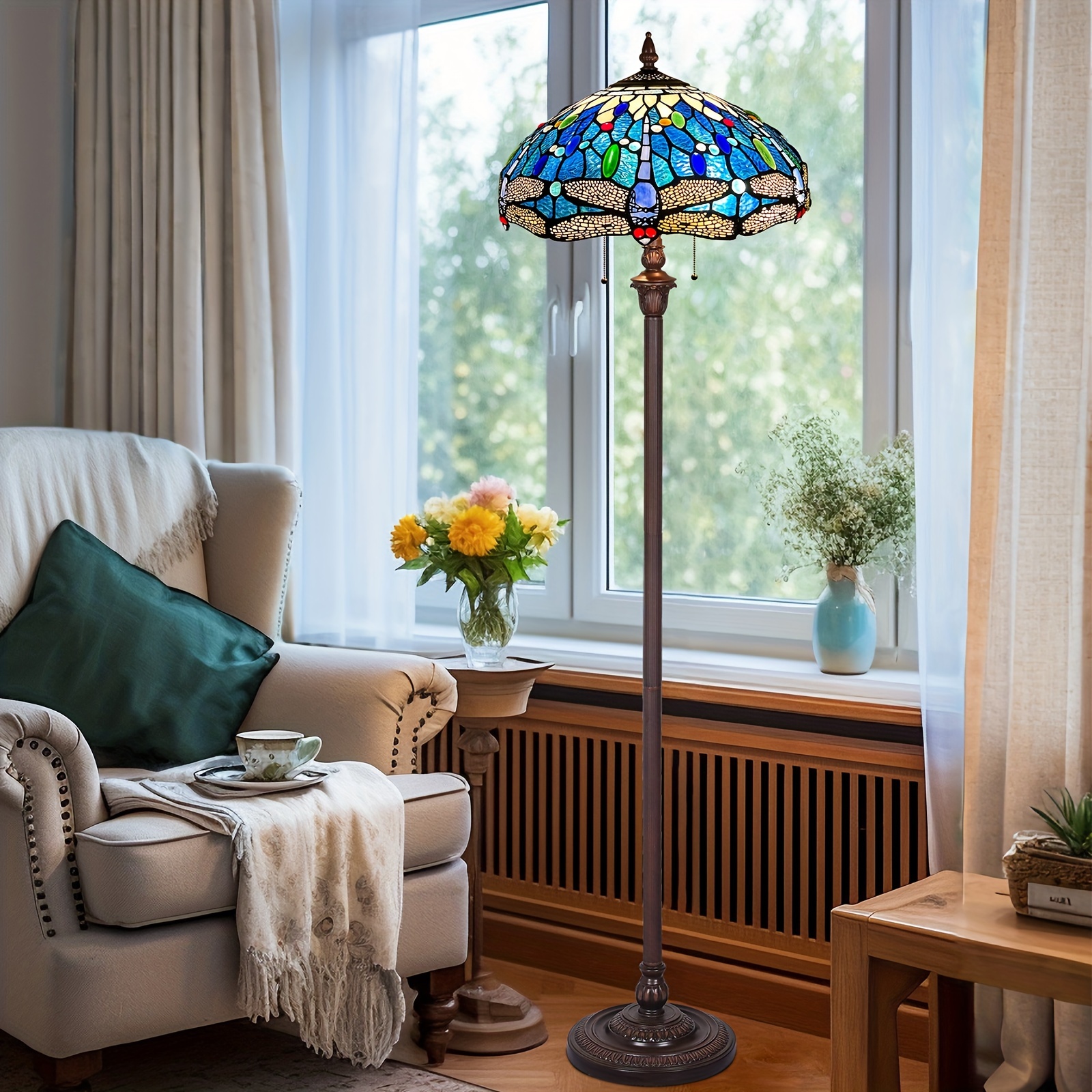 satined glass floor lamp stained glass standing reading 