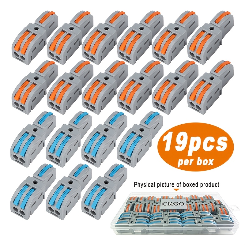 TEMU [CKGO] Blocchi terminali a leva per connettori 19 pz per scatola (12 pz*Arancioni + 7 pz*Blu), blocchi terminali a innesto 1-In-2 Out, a scuola,