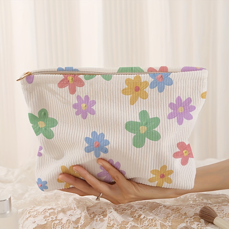 E-shop Farbenfrohes Blumenmuster bedruckte Cord-Reißverschluss-Make-up-Tasche Aufbewahrungstasche, Leichte Make-up-Tasche, Make-up-Tasche,
