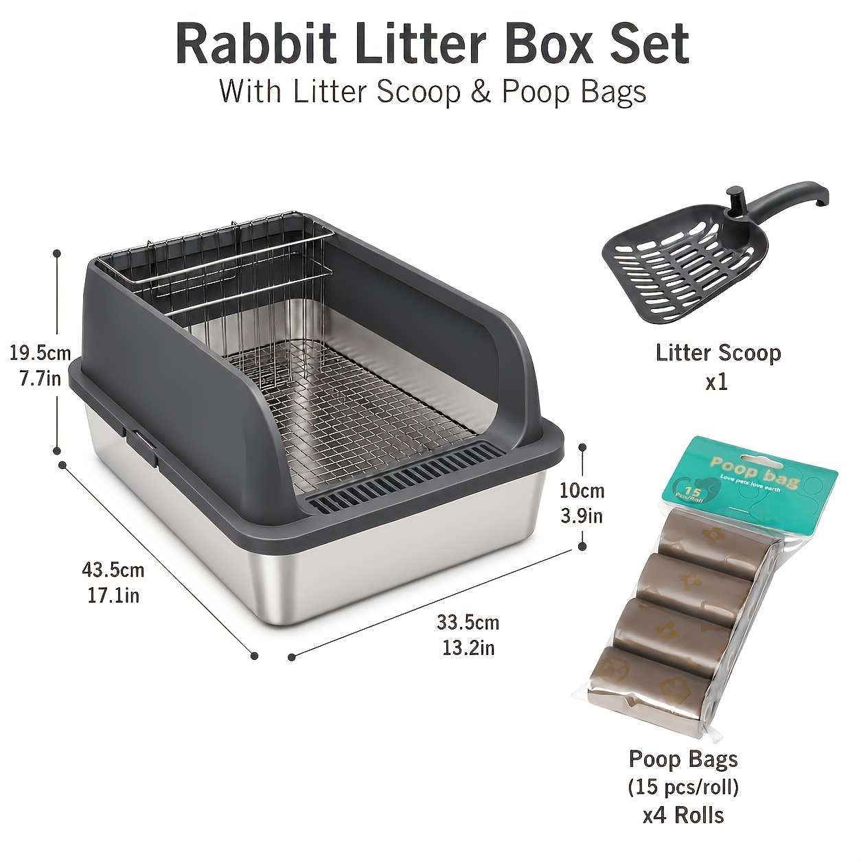 TEMU Rabbit Litter Box With & 4 Rolls Poop Bags, Raised-side Rabbit Toilet Tray With Wire Grate, Easy- Toilet For Rabbits, 43.5 Ã 33.5 Ã 19.5cm