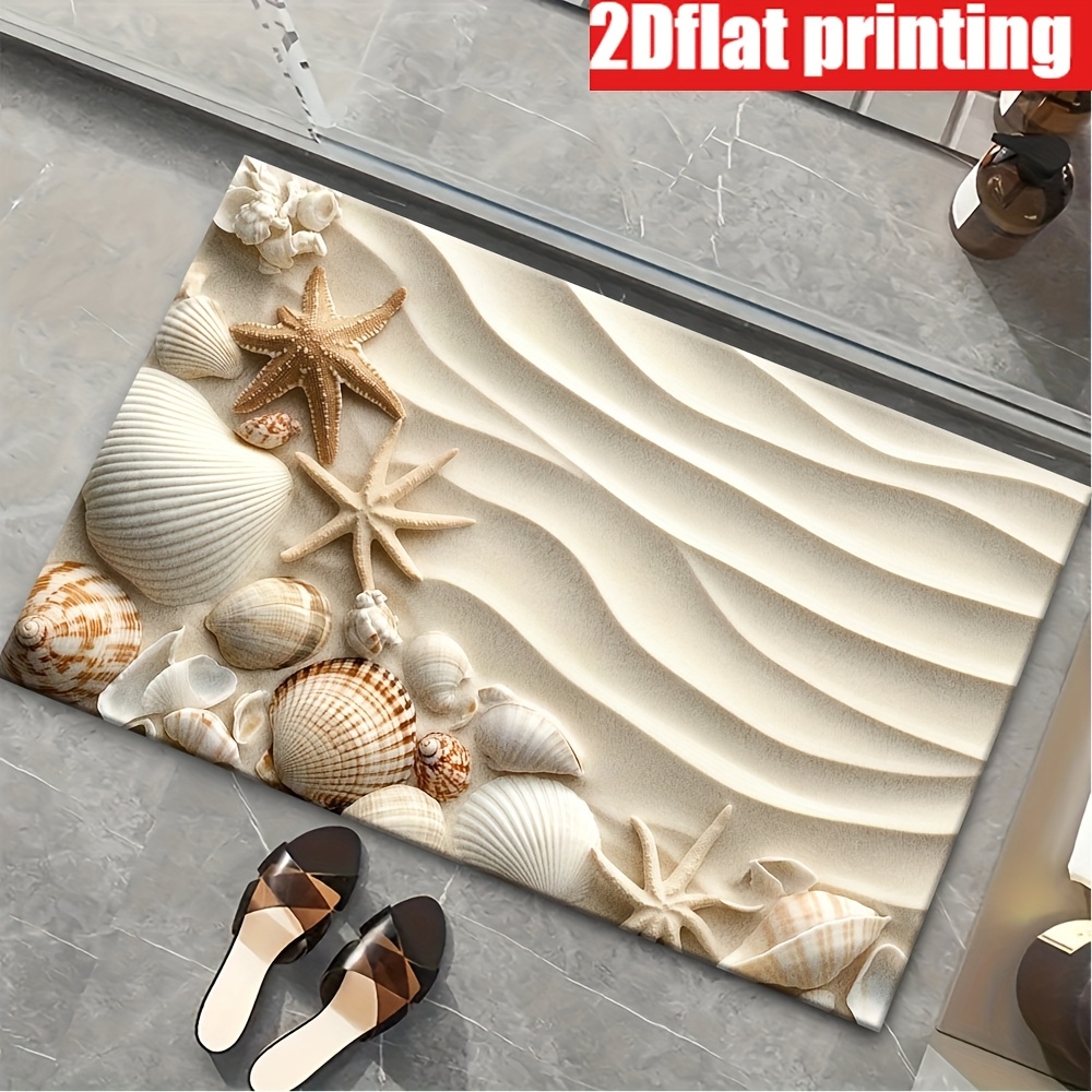 TEMU 2d Flat Printing, 1pc Ocean Seashell And Starfish Pattern, Light Luxury Minimalist High-end Style, Machine Washable, Soft Flannel Doormat,