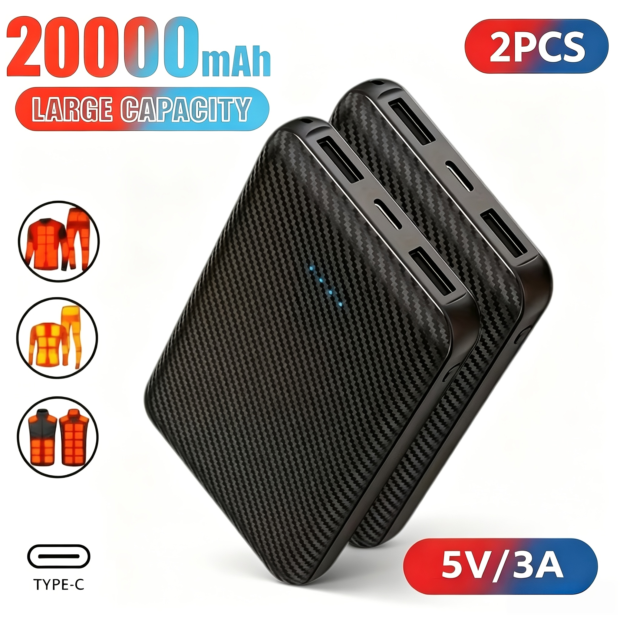 TEMU Batterie Externe 20000Mah 5V 3A, Chargeur Batterie Veste Chauffante, Écharpe Chauffante d'Hiver, Chaussettes, Batterie Externe