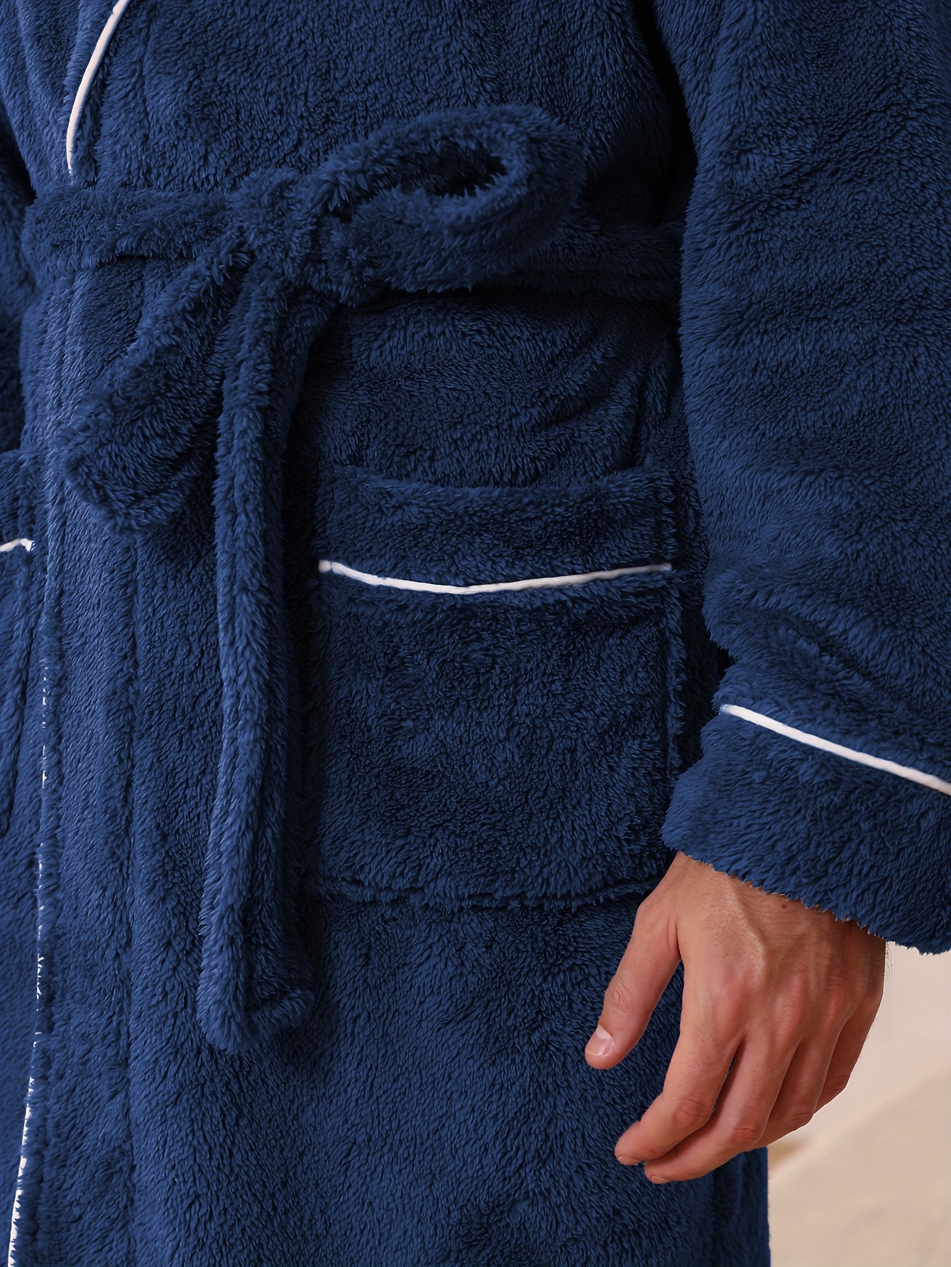 1pc Men's Plush Hooded Robe with Pajama Jacket & Pants-like Design - Heavy-Duty Winter Robe, Belted Waist & Double Pocket - Machine Washable Luxury Sleepwear for Home, Spa, Lounge - Navy Blue (No Dry-Clean)