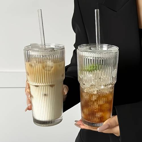 striped 4 pack 20 oz thick borosilicate glass with leak proof lid and straw bpa travel smoothie cups wedding gifts