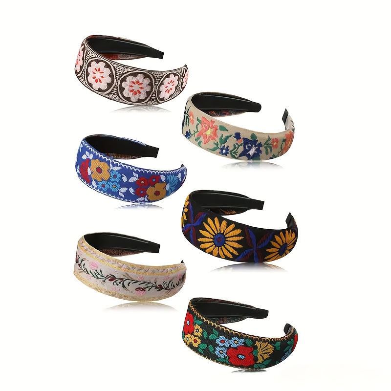 TEMU 6pcs Bohemian Style Flower Embroidery Women's Wide For Daily Parties, Vacation Hairstyles, Headwear And Gifts