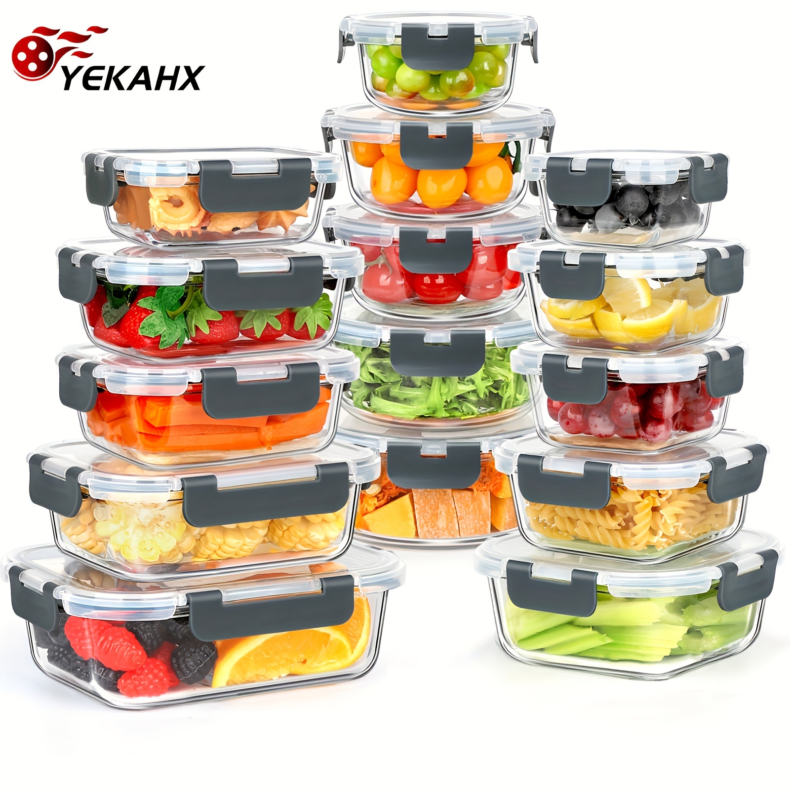 

15pcs Glass Meal Prep Containers - Airtight, Steam Vent, Dishwasher Safe, Clip-on Lids For Portion Control, Multipurpose Food Storage, And Organization