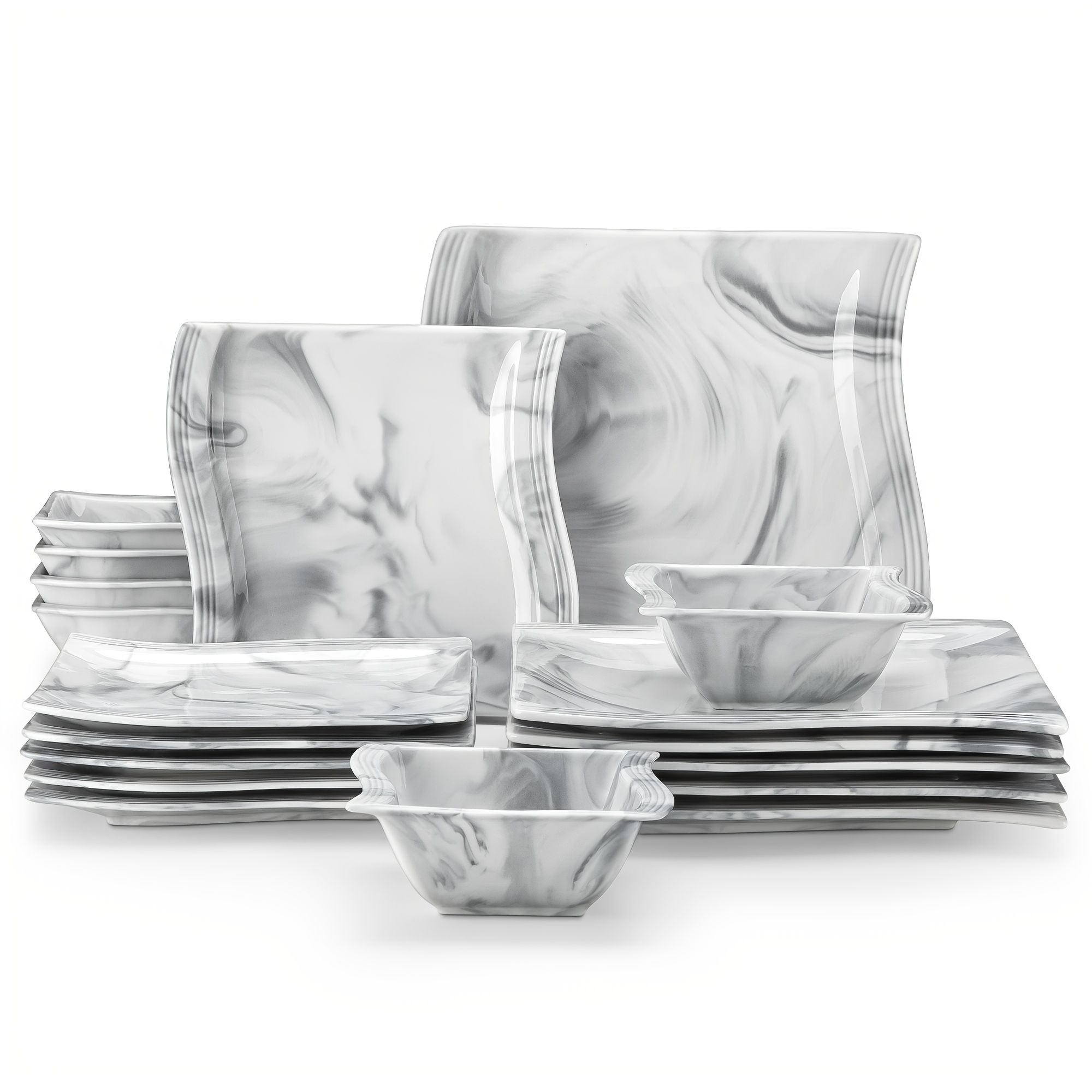 Image of 18pcs Marble Grey Porcelain Crockery Set, Square Dinner Service With 6 Dinner Plates, Dessert Plates, And Cereal Bowls, Crockery Set For 6 People, Dishwasher And Microwave Safe, Plates And Bowls Set