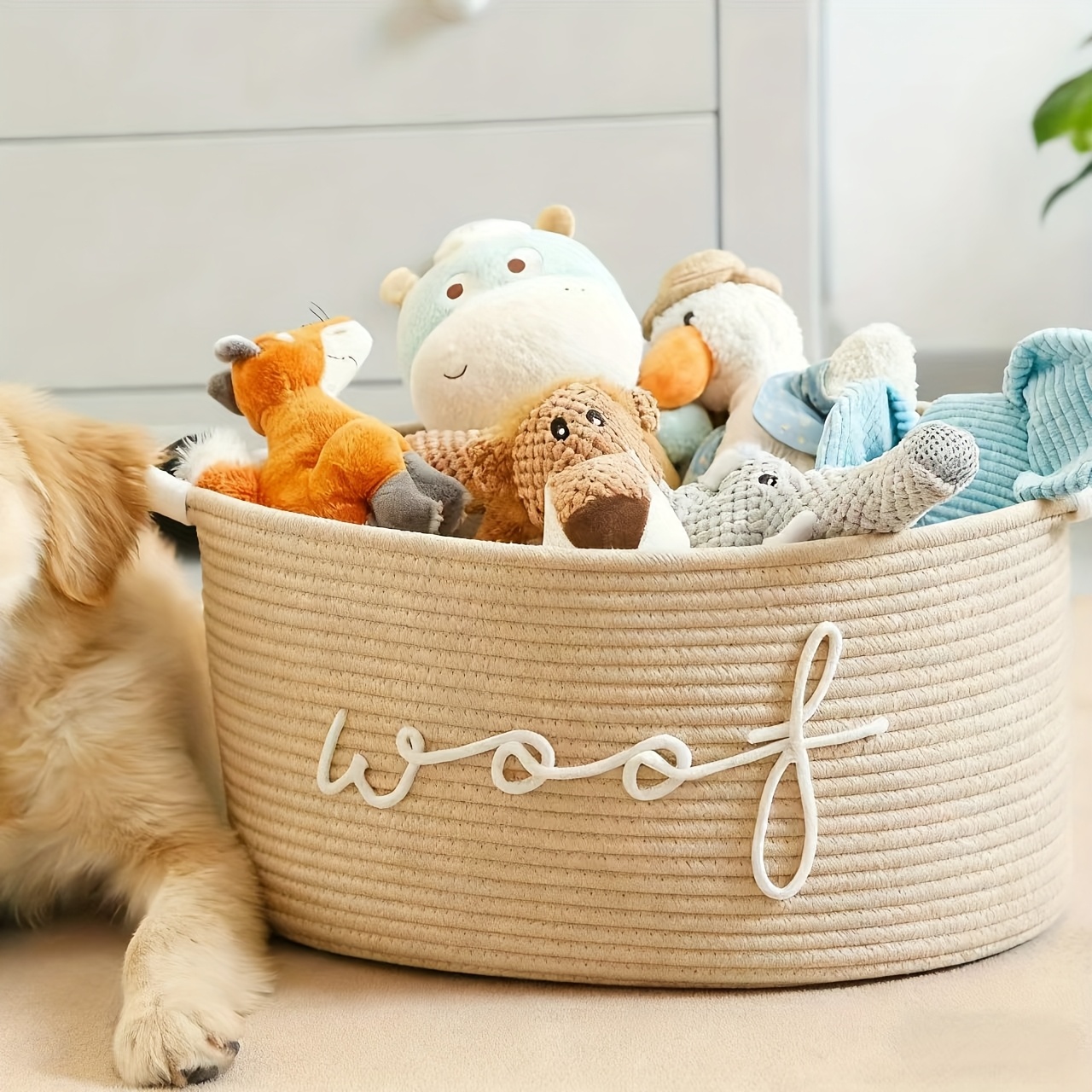 Image of 1pc Braided Rope Storage Basket - Pet Toy Organizer For Chew Toys, Blankets And Leashes, White Handles, Stackable Design, Pet Storage Basket For Cats And Dogs Pet Gift., Shelf Baskets