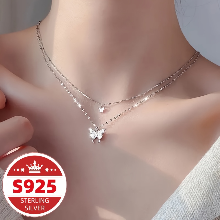 

1pc Vintage Elegant 925 Sterling Silver Double-layer Pendant Necklace, Synthetic Heart Theme, April Birthstone, Ideal For & Gifting, Valentine's Day Jewelry