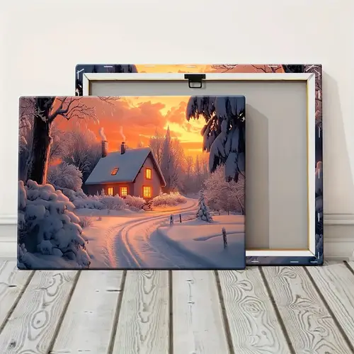cozy snowy cabin wall art with wooden frame winter scene canvas decor for living room kitchen or office high quality framed canvas print on white artist canvas office wall art warm atmosphere art canvas canvas wall art