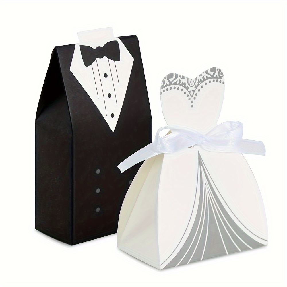 

100pcs Wedding Party Favor Boxes, Valentine's Day Dress Groom And Bride Candy Boxes, Ribbon Gift Boxes, Party Shower Guest Decoration Party Supplies (50pcs Groom Box + 50pcs )