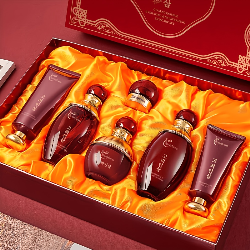 Colecție de îngrijire a pielii cu esență de ginseng coreean - Conține extracte vegetale, oferă hidratare profundă, întărește pielea, are o formulă ușoară și non-grasă, nu se aglomerează, prezentată într-o cutie cadou festivă