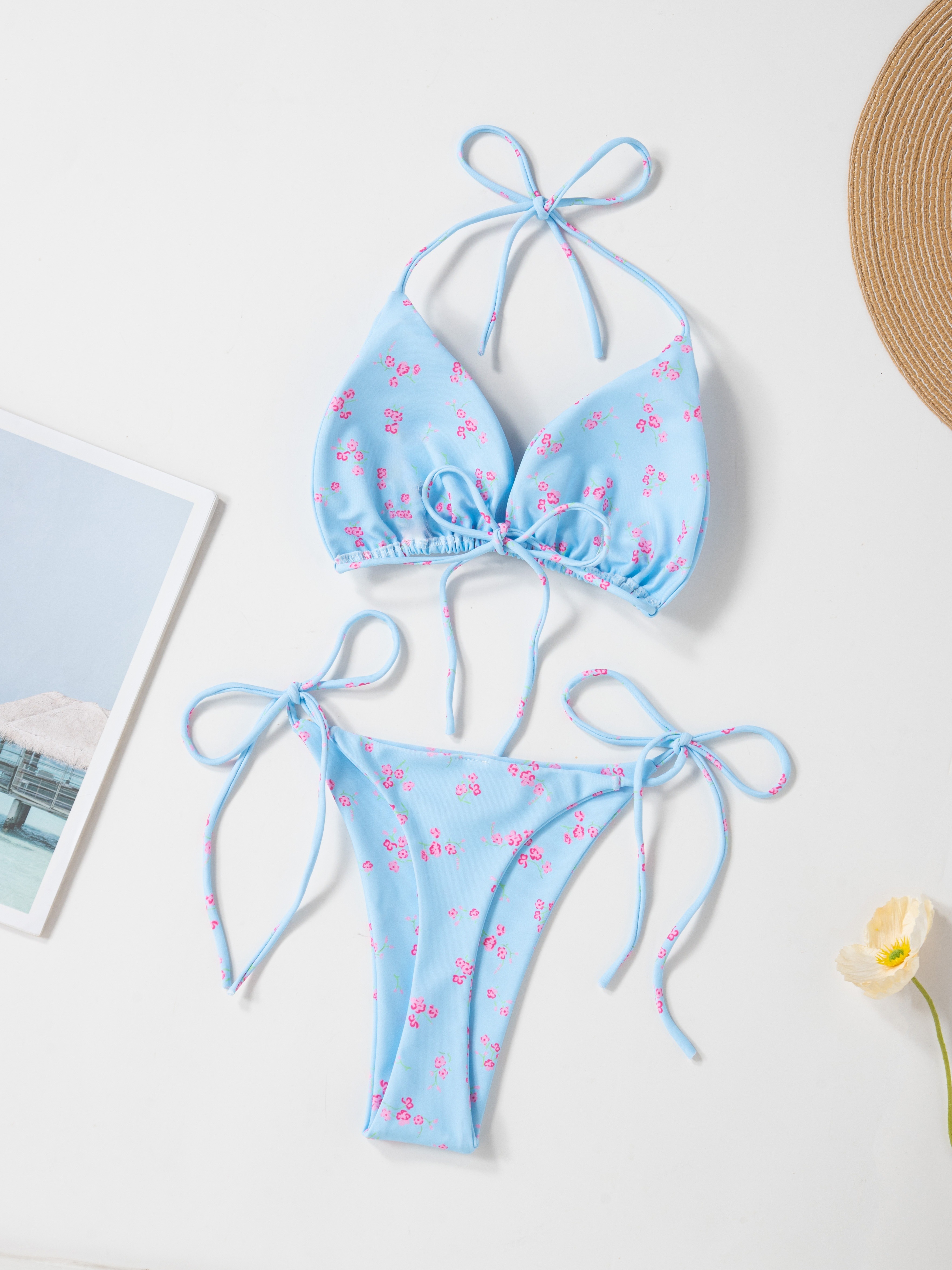 Floral Print V-Neck Bikini Set for Women, Polyester and Elastane Blend, High Stretch, Knit Fabric, with Bow Detail, for Sexy Lingerie Style Swimwear