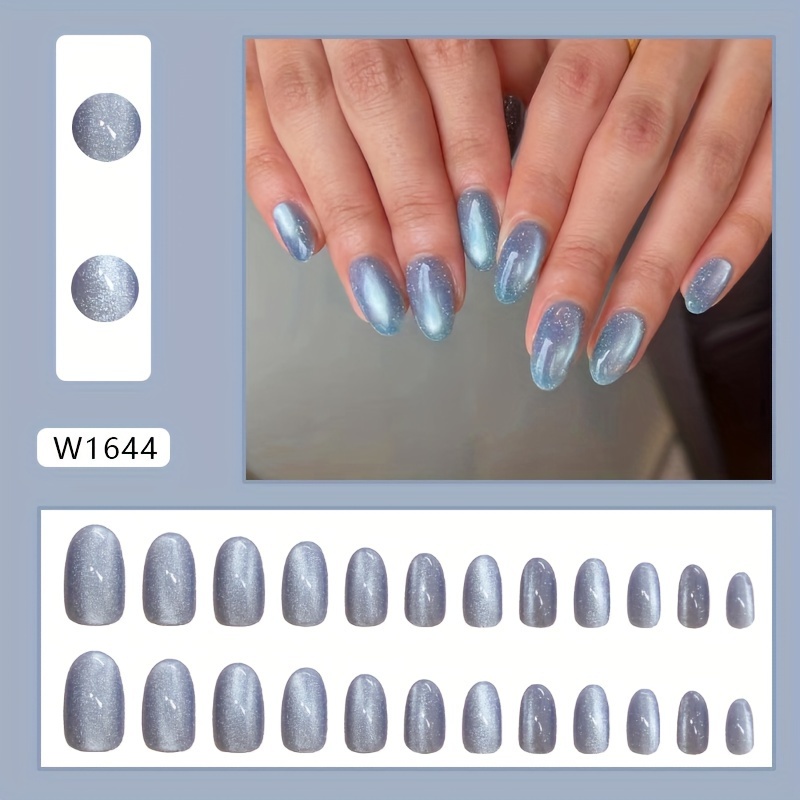 Short Oval Glossy Blue Press-on Nails - Shimmering Cat-eye Effect False Nails, Easy To Apply & Remove, Durable Reusable Nail Tips For Everyday Or Special Occasions, Occasion Nail Art, Highquality Tips