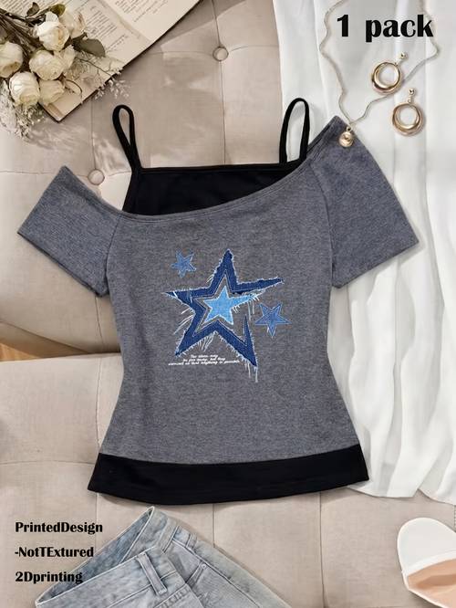 Artikelbild modisches mädchen-t-shirt mit farbblock-design, trägerlos, 2-in-1-look, kurzarm, bequem trendy für den , als oberteil für frühling, sommer herbst, y2k, -style, coole streetwear, japanischer koreanischer stil