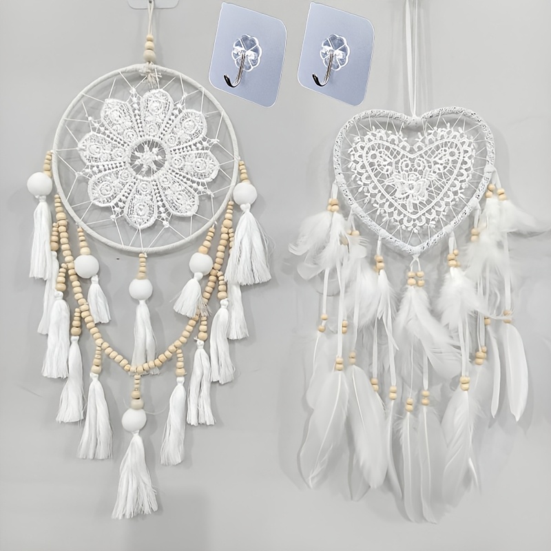TEMU Dual-style Lace Feather Dreamcatcher Bundle (2nets   ), Fine Crochet Lace Mesh, Heart Shape With Soft Feathers, Staggered Wooden Bead Strands,