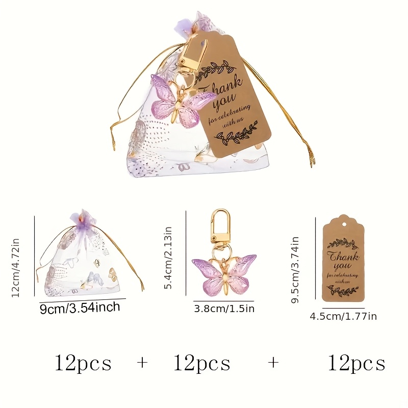 TEMU 36pcs/12Sets Ensemble de porte-clés papillon violet à trois boucles, 12 porte-clés, 12 cartons, 12 sacs en fil violet, ensemble de porte-clés de