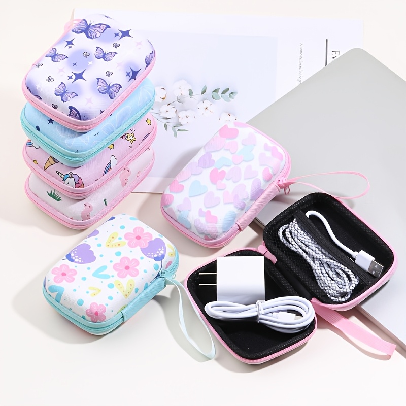 

1pc Cartoon Butterfly Cable And Earphone Organizer Case, Plastic Portable Multifunctional Digital Storage Box, Shockproof Square Zippered Pouch For Charger, , Power Bank