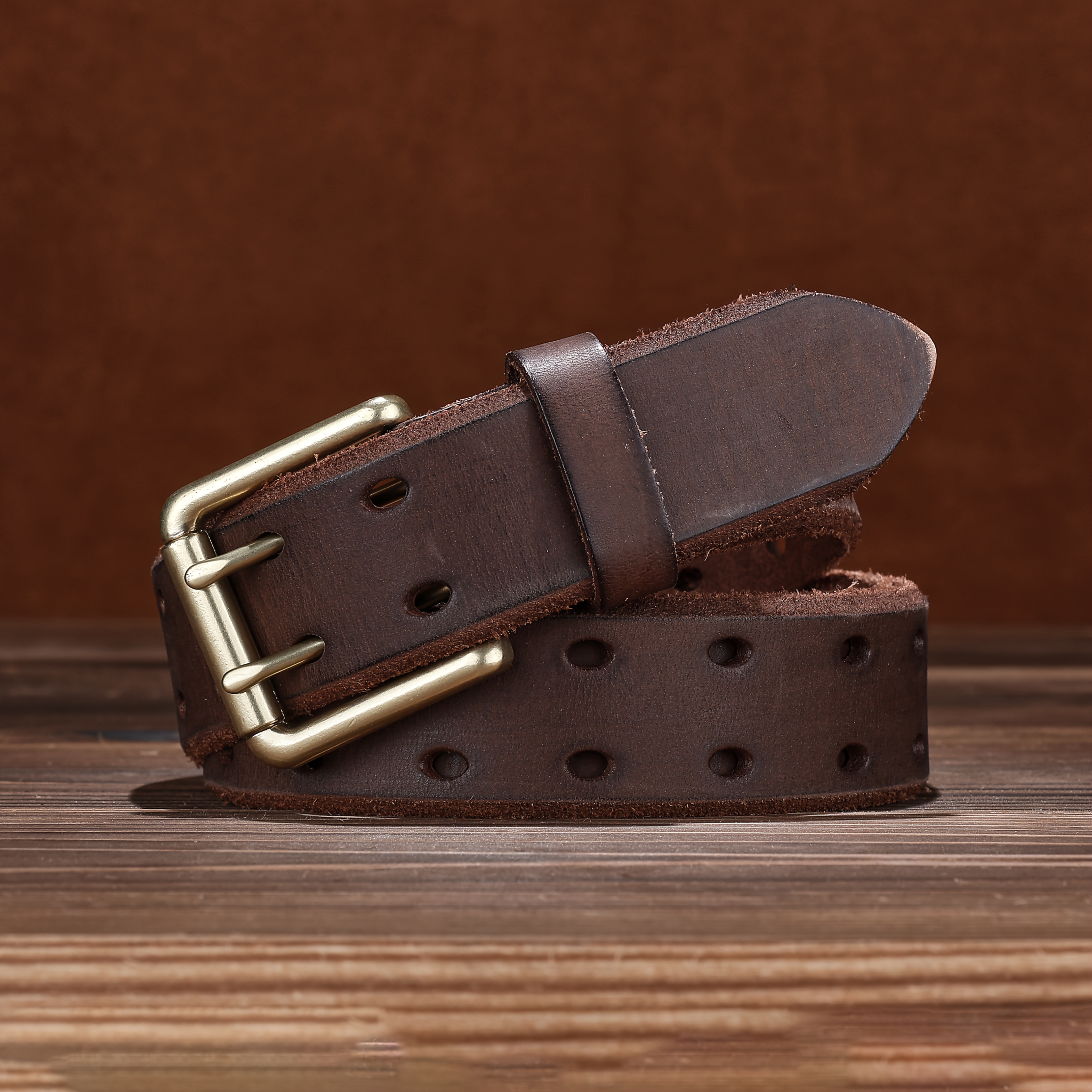 Vintage Distressed Texture Leather Belt with Double-Needle Buckle