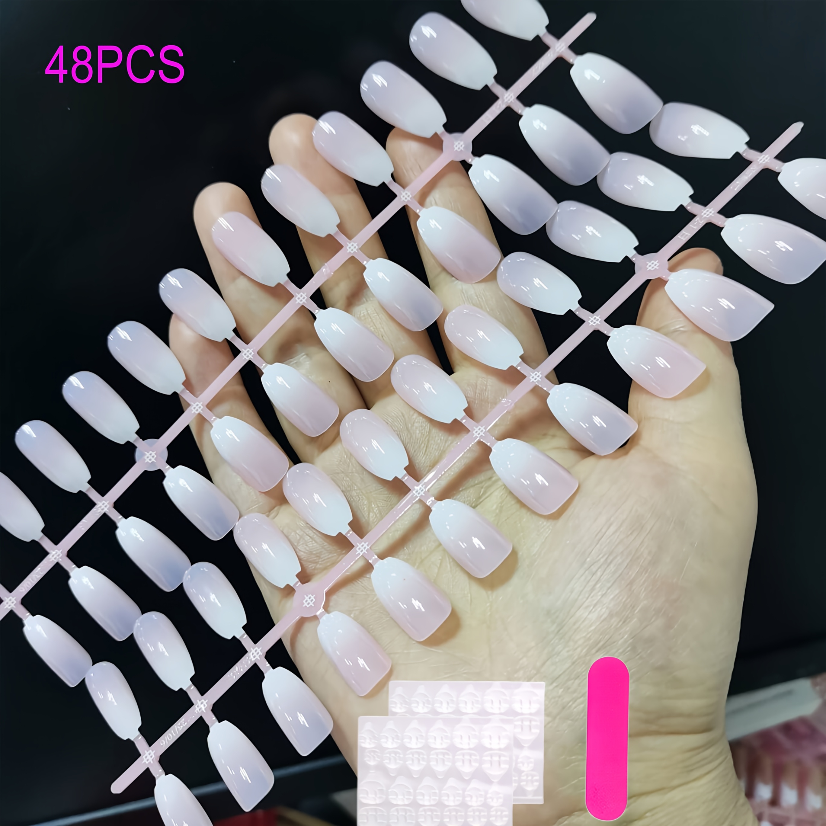 TEMU Set Of 48 White And Pink Gradient Press-on Nails In 12 Different Sizes, Featuring Medium To Long Acrylic False Nails. Removable Nails Are Ideal